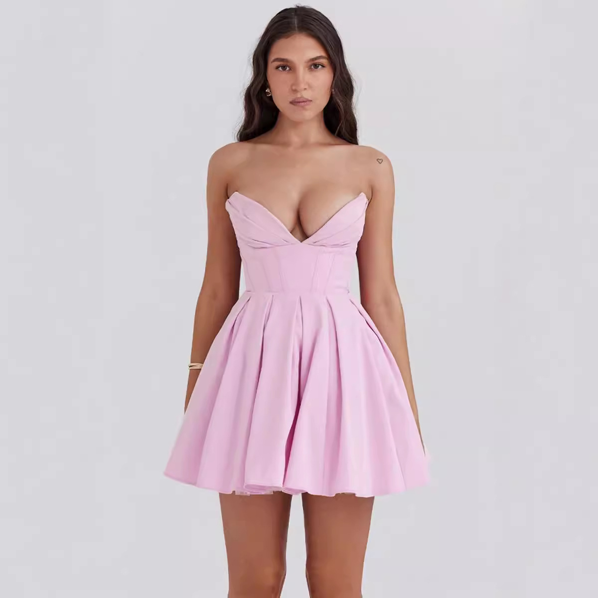 2025秋季新款外贸女装裹胸收腰A字摆短裙ins欧美风蓬蓬裙小礼服