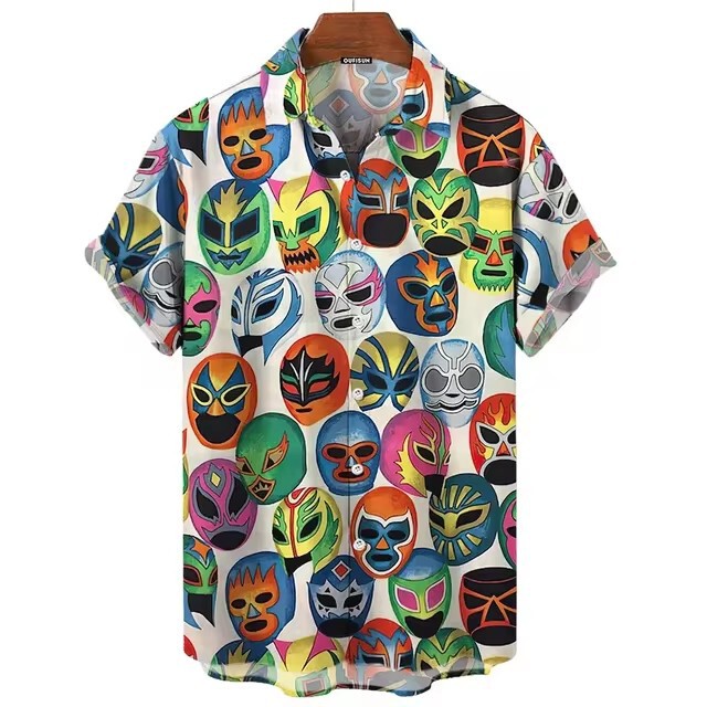 Vintage Men's Shirt 3d Mexican Wrestling Print Men's Clothing Shirt Fashion Casual Short Sleeve Cross Border