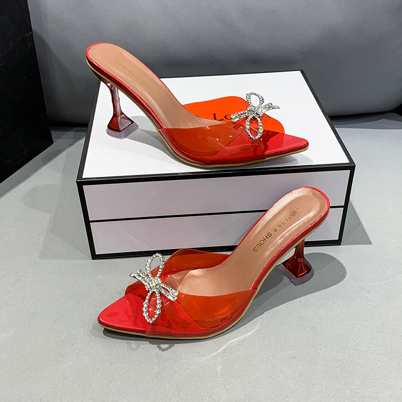 European And American Foreign Trade Bowknot Thin Crystal Sandals Women's One-Strap Pointed Toe High Heel Slippers_vogvips.com