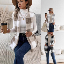 2025亚马逊秋冬新款女装毛绒外套欧美跨境格纹开衫保暖外穿马甲