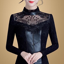 常规/加绒秋季蕾丝打底衫女秋冬半高领PU皮拼接长袖保暖显瘦上衣