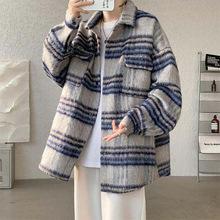 条纹毛呢外套男秋冬款小香风感痞帅潮牌宽松工装格子夹克冬季