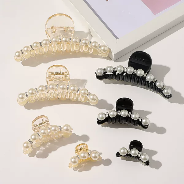 Qiyue Korean Hair Accessories Champagne Black Pearl Rhinestone Large and Small Hairpin Small Chanel Style Disc Hair Grab Clip B33-A