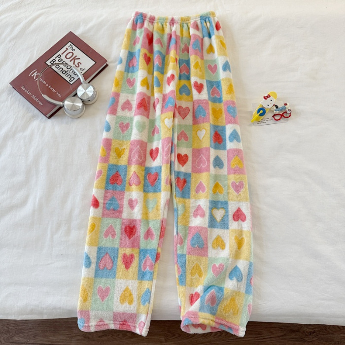 Invierno nuevo pantalones cálidos de franela estilo de caricatura coreano para mujeres más grueso y terciopelo cálido para el hogar pijamas de lana se pueden usar fuera