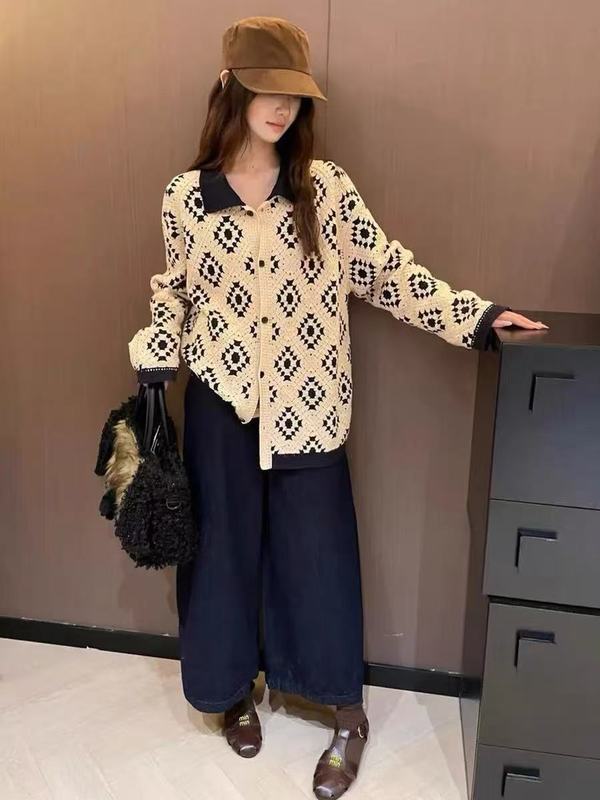 复古时尚设计感小众翻领撞色针织开衫女秋季新款慵懒宽松显瘦上衣|undefined