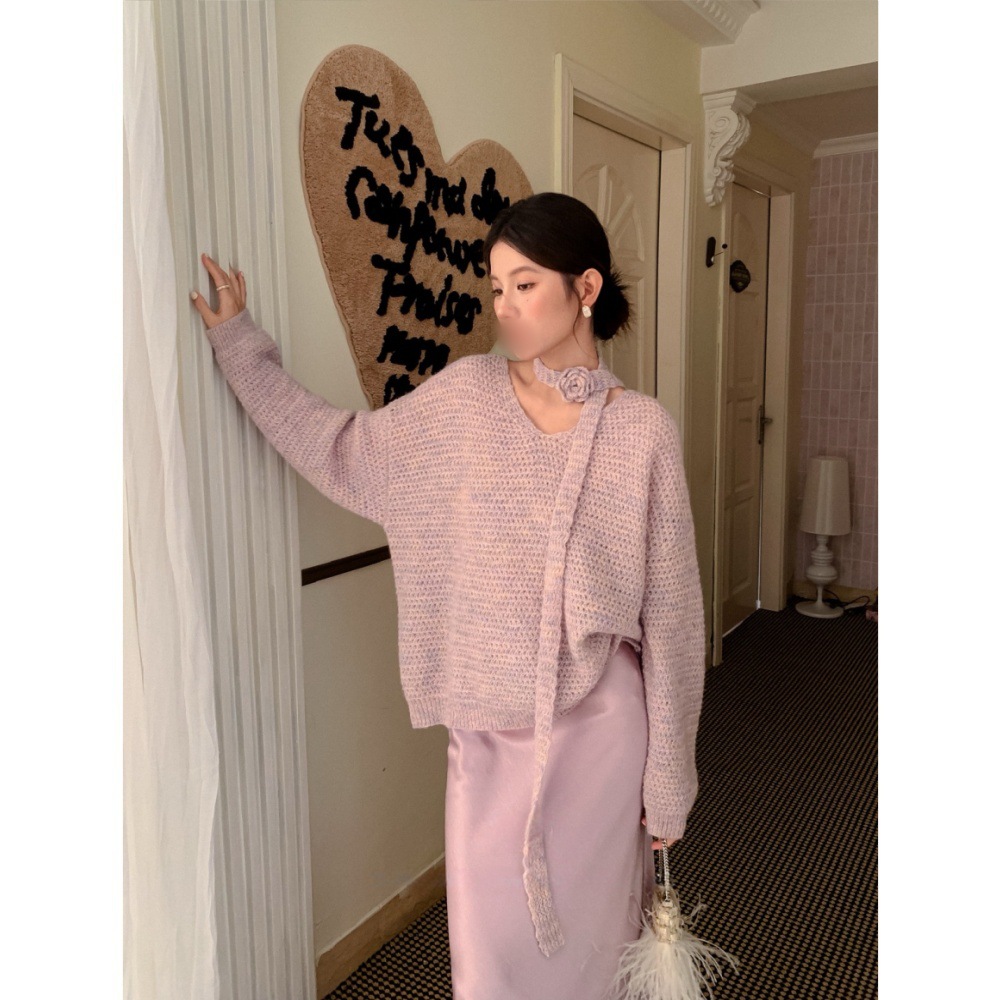 千金女神氛围感女玫瑰花飘带v领挂脖25秋季上衣韩系慵懒风针织衫