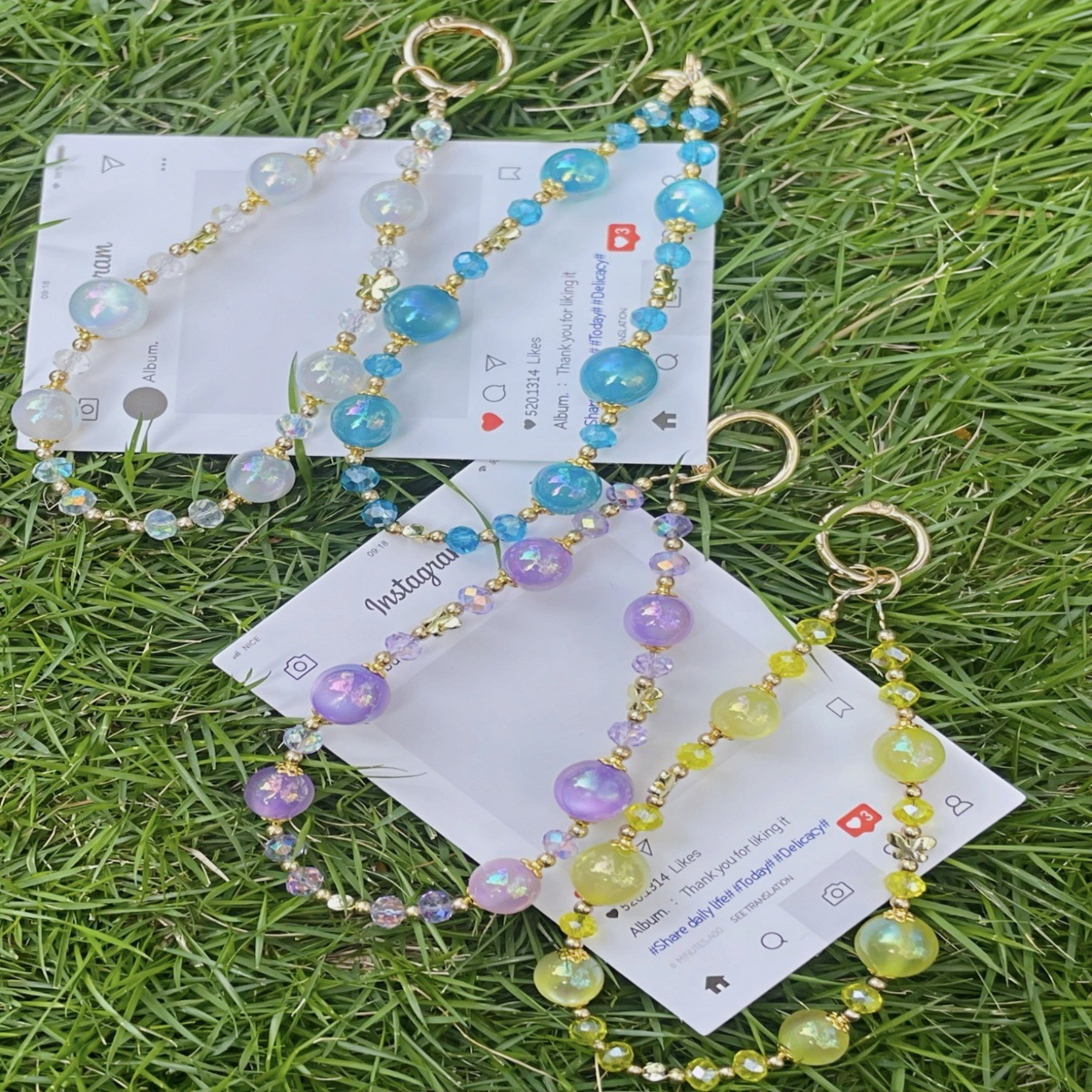 Personalidad cordón de cadena de teléfono móvil con cuentas universal estilo ins colorido streamer cristal redondo cadena corta pulsera moda al por mayor