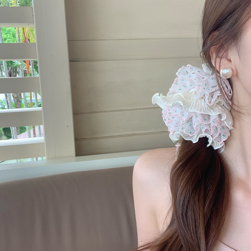 Hilo de burbuja floral plisado de doble capa encaje intestino grueso lazo para el cabello femenino con cola de caballo baja banda de goma Albóndigas Cuerda para el cabello Accesorios para el cabello