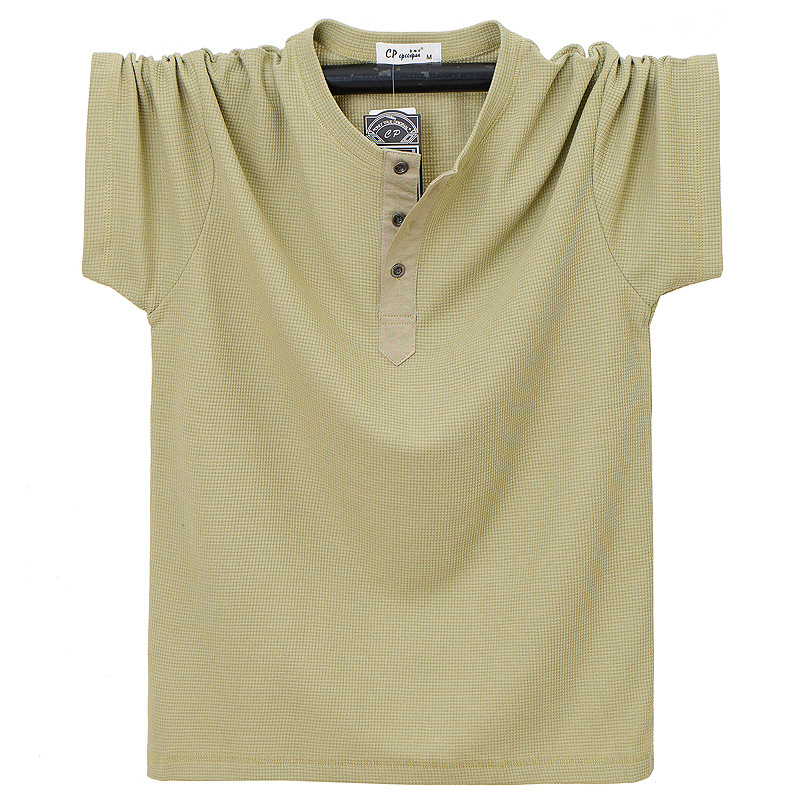 American Retro Large Size Fat Man Knitted Waffle T-Shirt Loose Right Shoulder Heavy Short-Sleeved Bottoming Shirt Men's Summer 2521