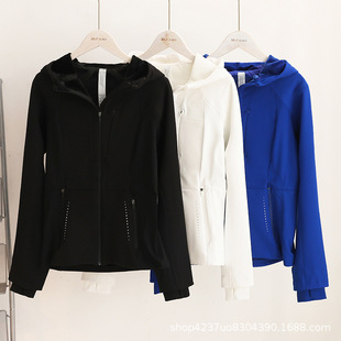 Lulu same style soft shell jacket for women autumn and winter hooded plus velvet waist slimming outdoor sports waterproof jacket