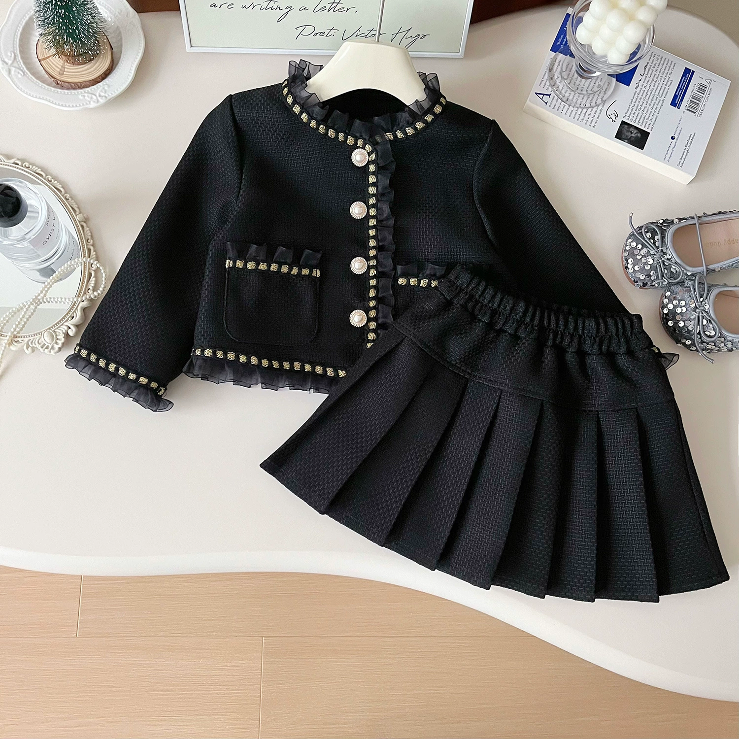 Осенний модный комплект, куртка, юбка, корейский стиль, стиль Chanel, западный стиль