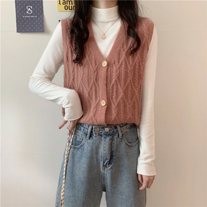Cardigan de punto de cuello en V de botón único, chaleco de primavera y otoño, nuevo suéter de color sólido coreano, chaleco de caballo, clip de caballo image 12
