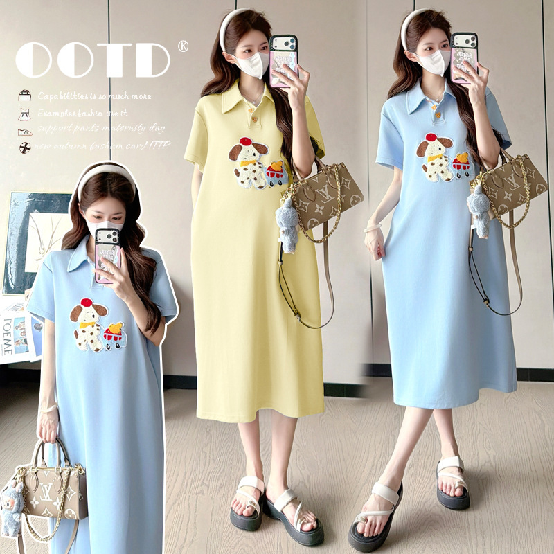 Real Shot of Maternity Wear 2026 Summer New Korean Fashion Youthful Sweet Polo Collar Heavy Embroidery Dog Print Long Dress