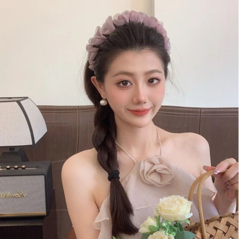【カラフルなグラデーション】プリーツメッシュウェーブヘアバンド 女性用 夏用 歯付き滑り止め 高頭囲ヘッドバンド 花びらグラデーション|undefined