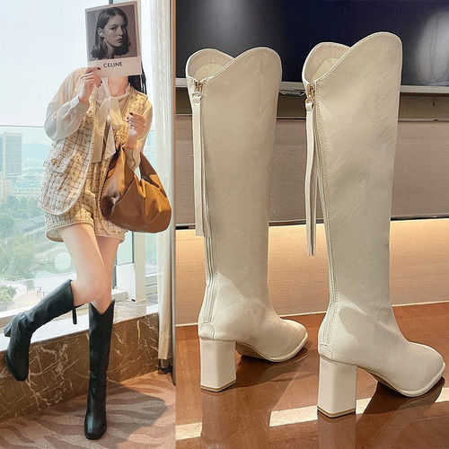 Women's Over-the-Knee High-Heel Boots for Autumn and Winter: Chunky Heel, V-Shape Opening, Slimming Design, Long-Length Equestrian Style Boots