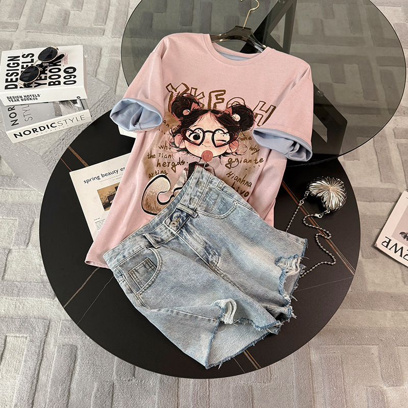 Women's Clothing Sweet Fashion Casual Suit For Women Summer New Round Neck Printed Embroidered T Shirt Loose Denim Shorts Two Piece Suit Trendy_ecoleips.com