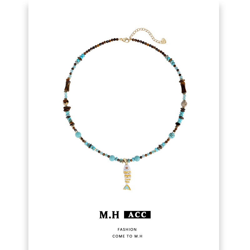 复古精致百搭年年有鱼虎眼石串珠项链波西米亚风秋季百搭毛衣链女