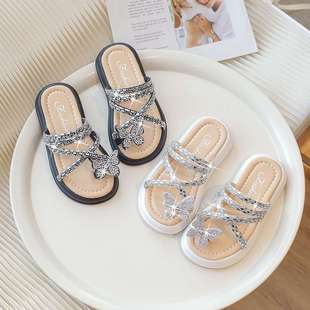 Rhinestone Bow Slippers for Girls 2025 Summer New Elegant Princess Style Girls Versatile Slip-On Slippers