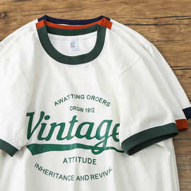 一件代发270日系复古vintage男友风重磅纯棉撞色印花短袖t恤男女