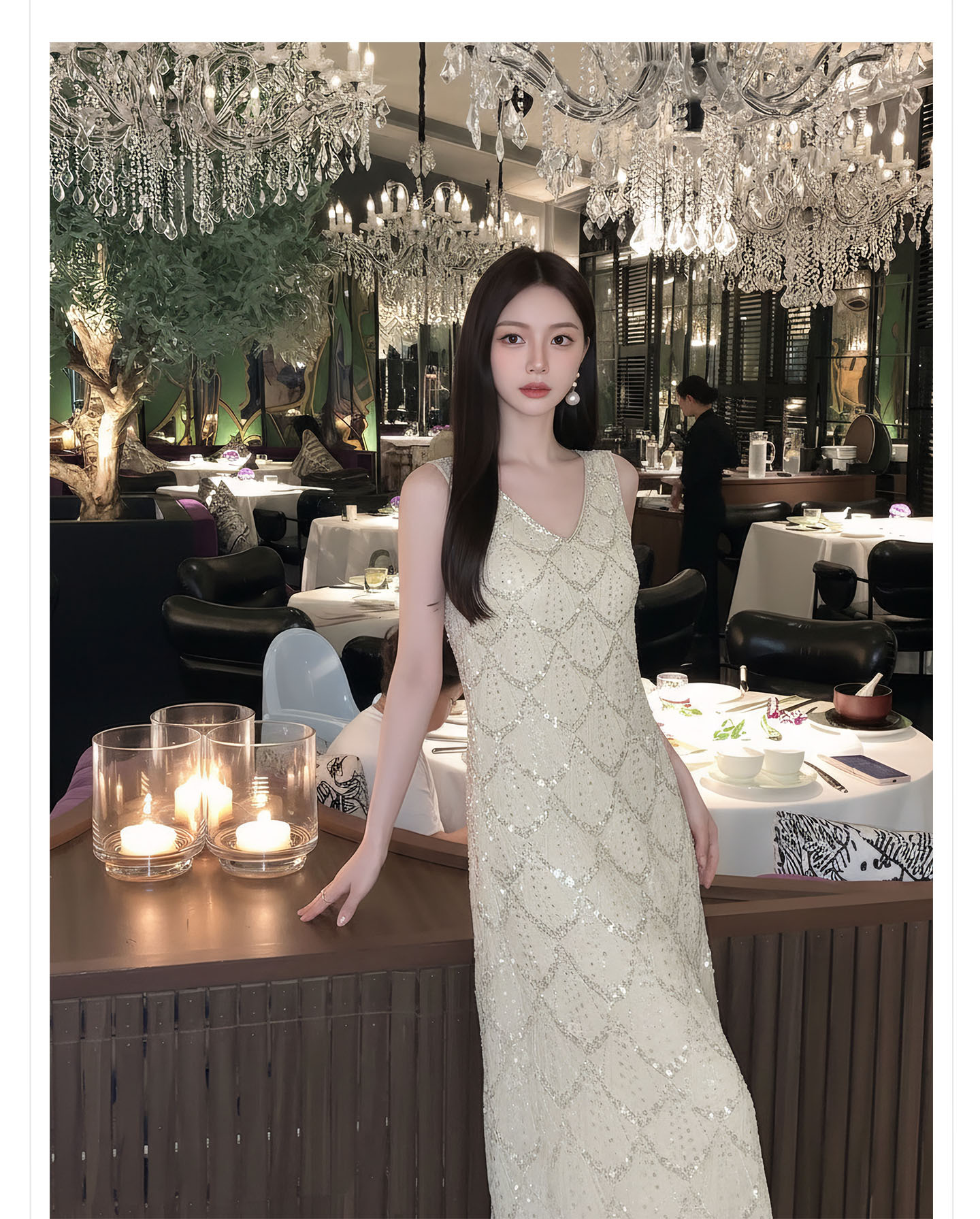 Đầm suông nữ midi tay lỡ phong cách cổ điển đính cườm — màu trắng ngà chi tiết 7