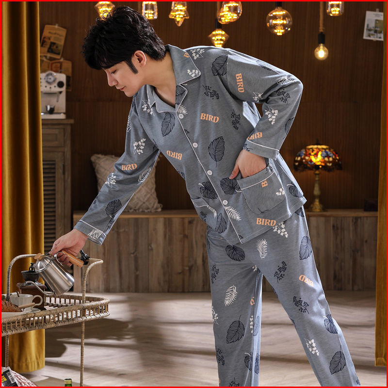 Pijamas de primavera y otoño de algodón de manga larga para hombres pijamas de otoño e invierno para hombres jóvenes de mediana edad delgada día de verano traje de uso doméstico