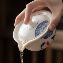 手绘羊脂玉盖碗茶杯大号家用单个手抓壶陶瓷防烫茶碗白瓷功夫茶具