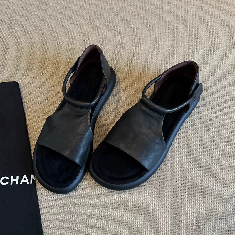 Овчинная версия ~ Ретро повседневные полые босоножки с открытым носком женские летние новые дикие мягкие подошвы увеличенные римские туфли