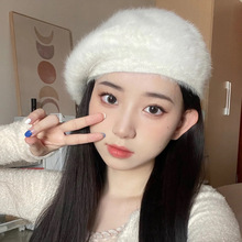 韩版兔毛贝雷帽女冬保暖周幼琳同款白色毛绒绒气质可爱百搭画家帽