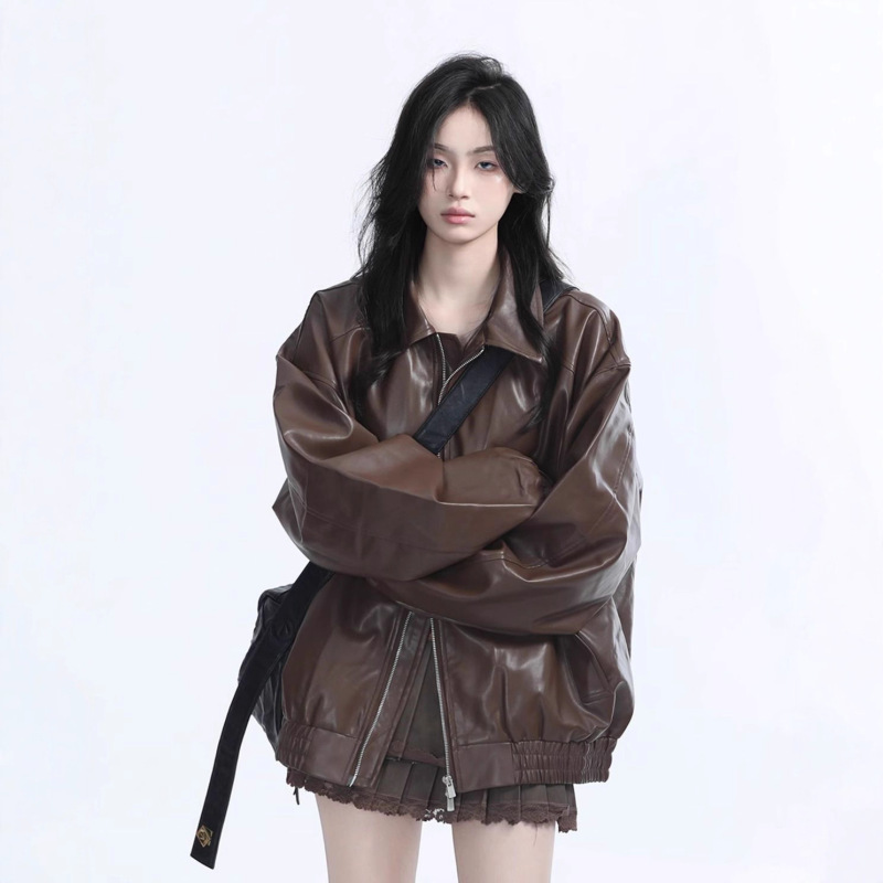 American Retro Motorcycle Jacket Brown Leather Coat for Women Autumn Fashion Heavy Loose Versatile Leather Jacket Top Trendy