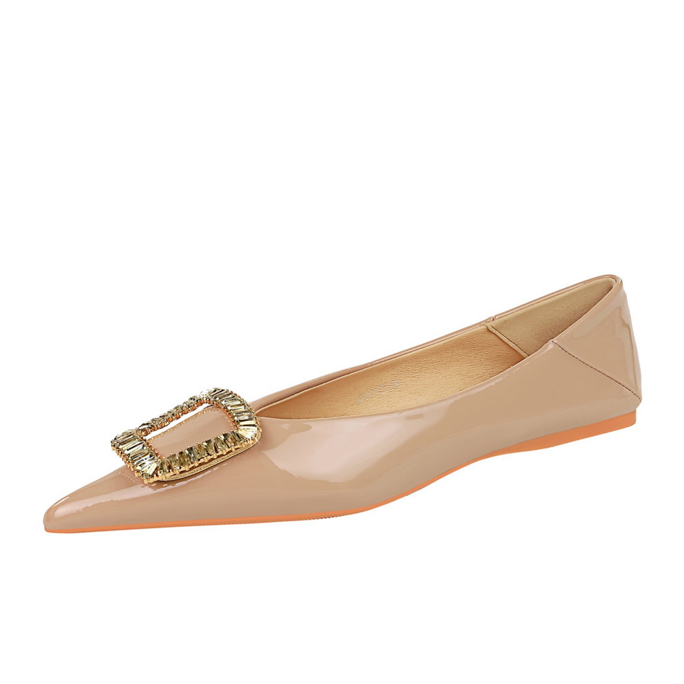 2873-K15 European and American style flat bottomed women's shoes, comfortable and versatile, patent leather shallow mouthed pointed metal rhinestone buckle flat heel shoes