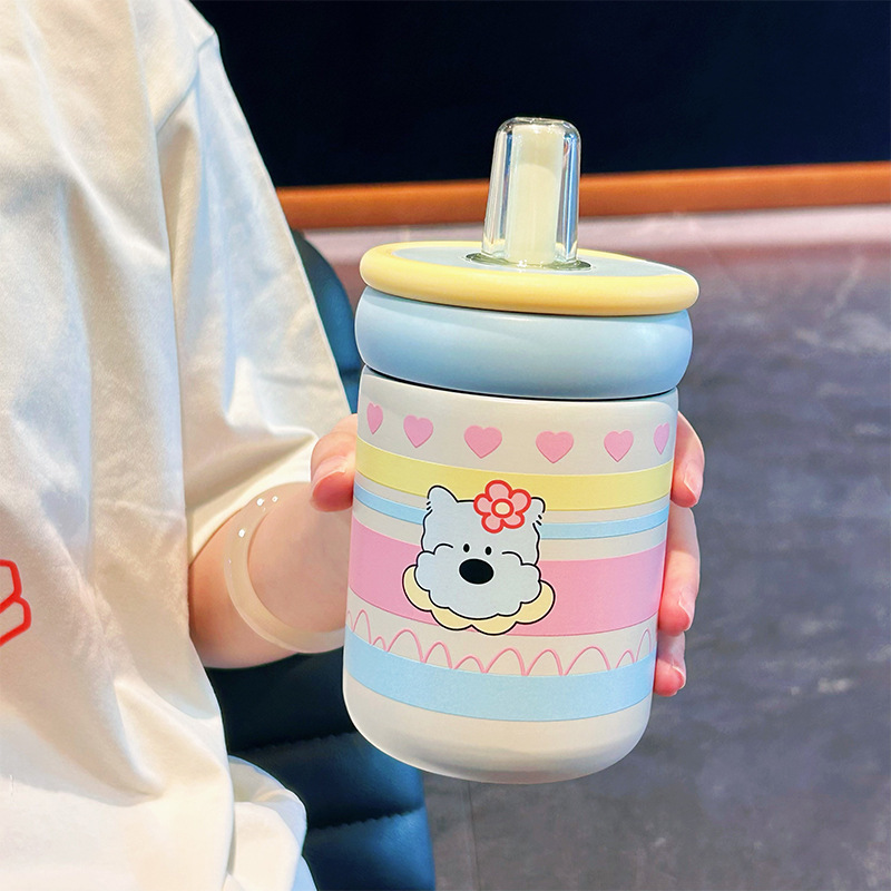新型ins女子高颜値ストローカップ316ステンレス保温カップ陶磁器内胆カップ学生随行カップ|undefined