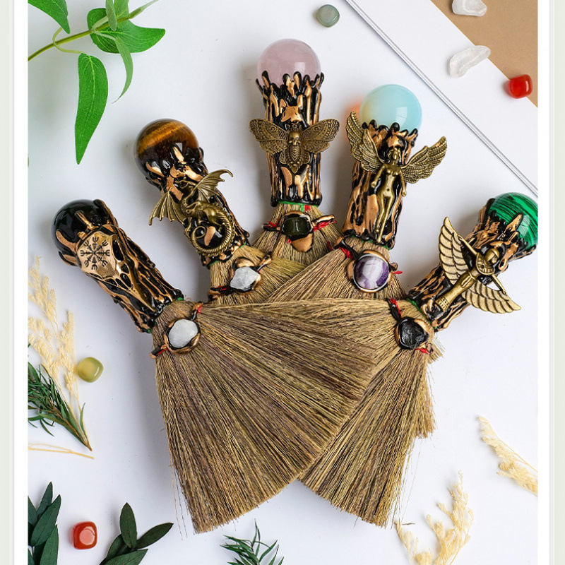 Cross-Border Natural Crystal Ball Broom Ornaments Pink Crystal Tiger Eye Stone Crystal Raw Stone Magic Broom Halloween Decoration