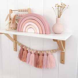 ins北欧风马卡龙色毛线流苏挂饰木珠珠串壁挂工艺品家居装饰挂件