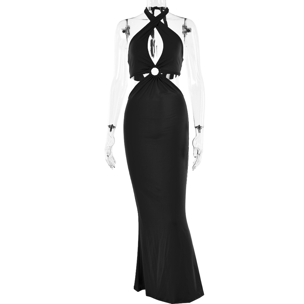 Europäisches und amerikanisches Sommerkleid, sexy Mode, Patchwork, Neckholder, offener Rücken, langer Rock_voghion.com
