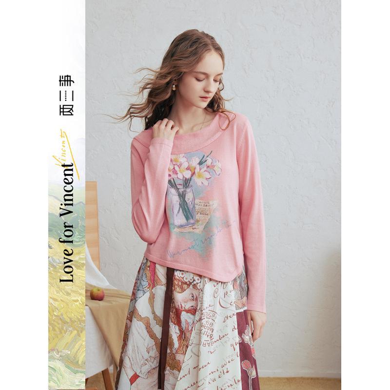 Van Gogh Artistic Late Spring Peach Blossom 2026 Spring New Sweet Floral Irregular Hem Knitted Sweater for Women