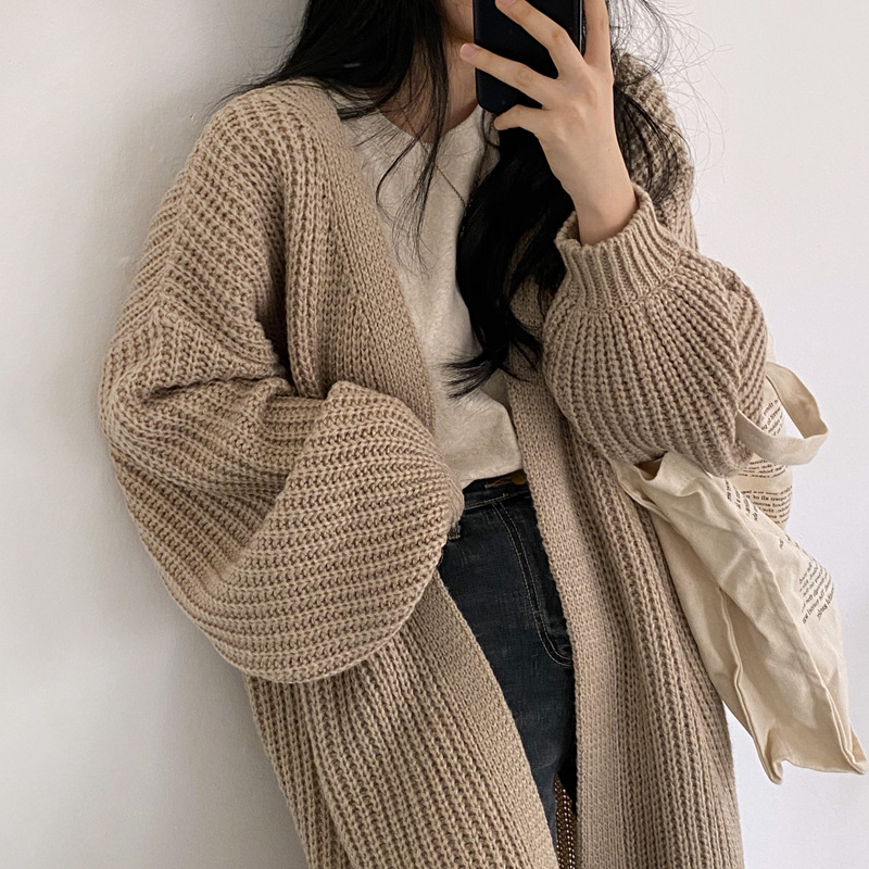 Estilo coreano estilo perezoso pit suéter largo abrigo de las mujeres otoño e invierno nuevo color sólido suelta linterna manga punto cardigan moda