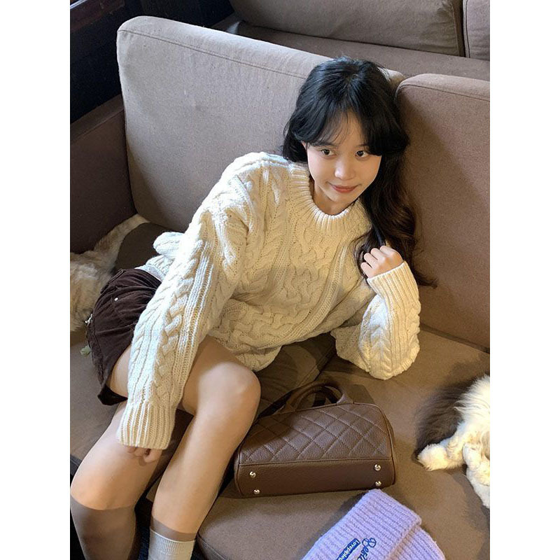 Korean Style Simple Soft Waxy Twist Pullover Sweater Women's Autumn and Winter New Loose Lazy Style Crewneck Sweater