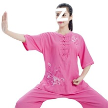 亚麻棉国风牡丹绣花太极服夏季薄款太极拳练功服女短袖透气凉爽夏
