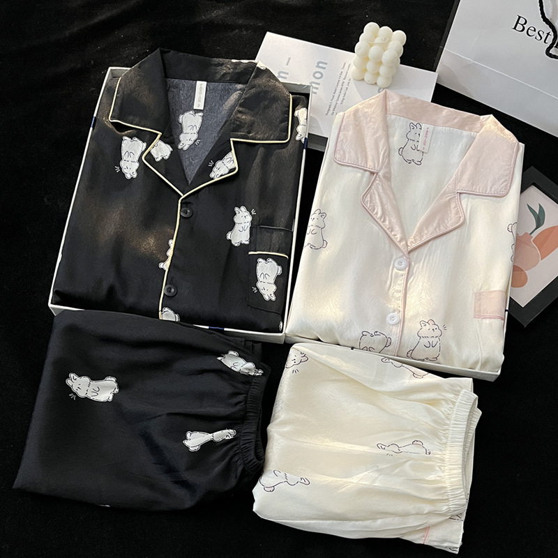 Pijamas de pareja primavera y otoño manga larga de seda de hielo lindo conejo de dibujos animados de seda real hombres talla grande ropa de casa verano e invierno