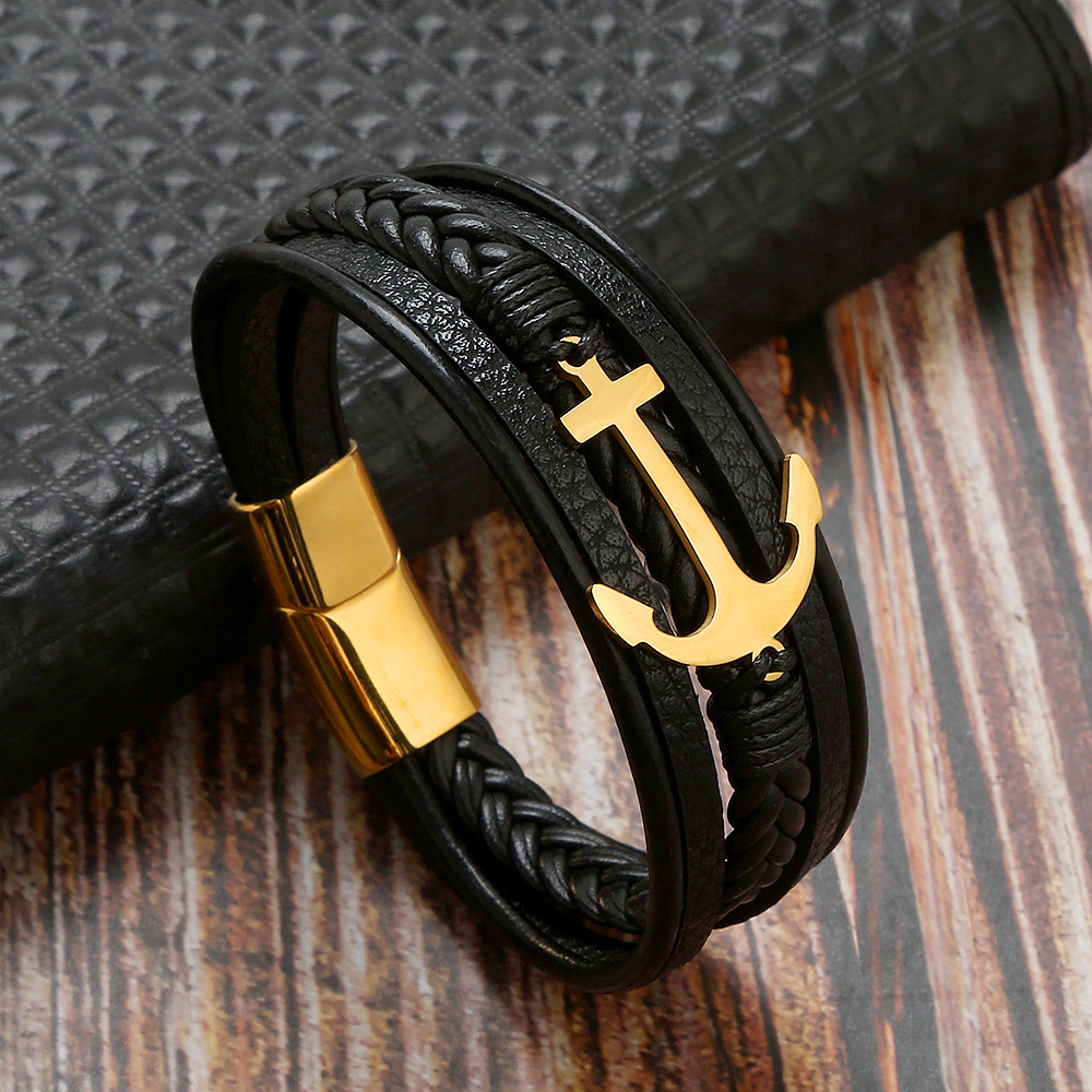Leather Chain Material 1 Piece Quantity Daily Occasion Pu Leather Material Hip-Hop Anchor Stainless Steel Pu Leather Braid Water Plating Men'S Bangle Men Cord & Leather Bracelets