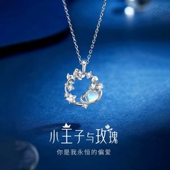 銀の誓いの王子とバラのS999銀の花輪のネックレスの女子学生の軽い贅沢な月光石のペンダントの高級感の鎖