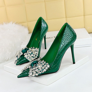 3391-H9 Korean Fashion Banquet High Heels Slim Heels Ultra High Heels Shallow Mouth Pointed Rhinestone Bow Tie Single Sh