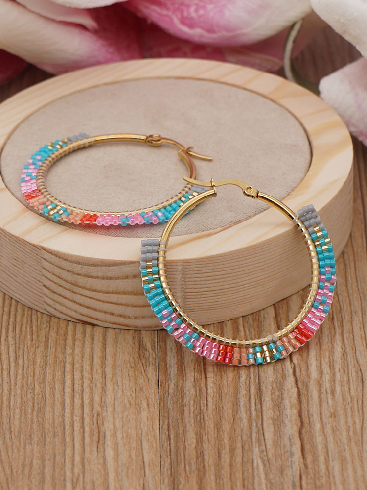 New Miyuki Rice Beads Handmade Beaded Exaggerated Bohemian Rainbow Stainless Steel Hoop Earringspicture5