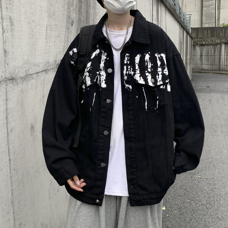 Denim coat men's spring and autumn Hong Kong style bf loose Korean style trendy all-match letter printed couple jacket top