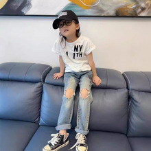 24 新款黑超奶嘴童装日系儿童直筒印花牛仔裤 男女童宝宝中古长裤