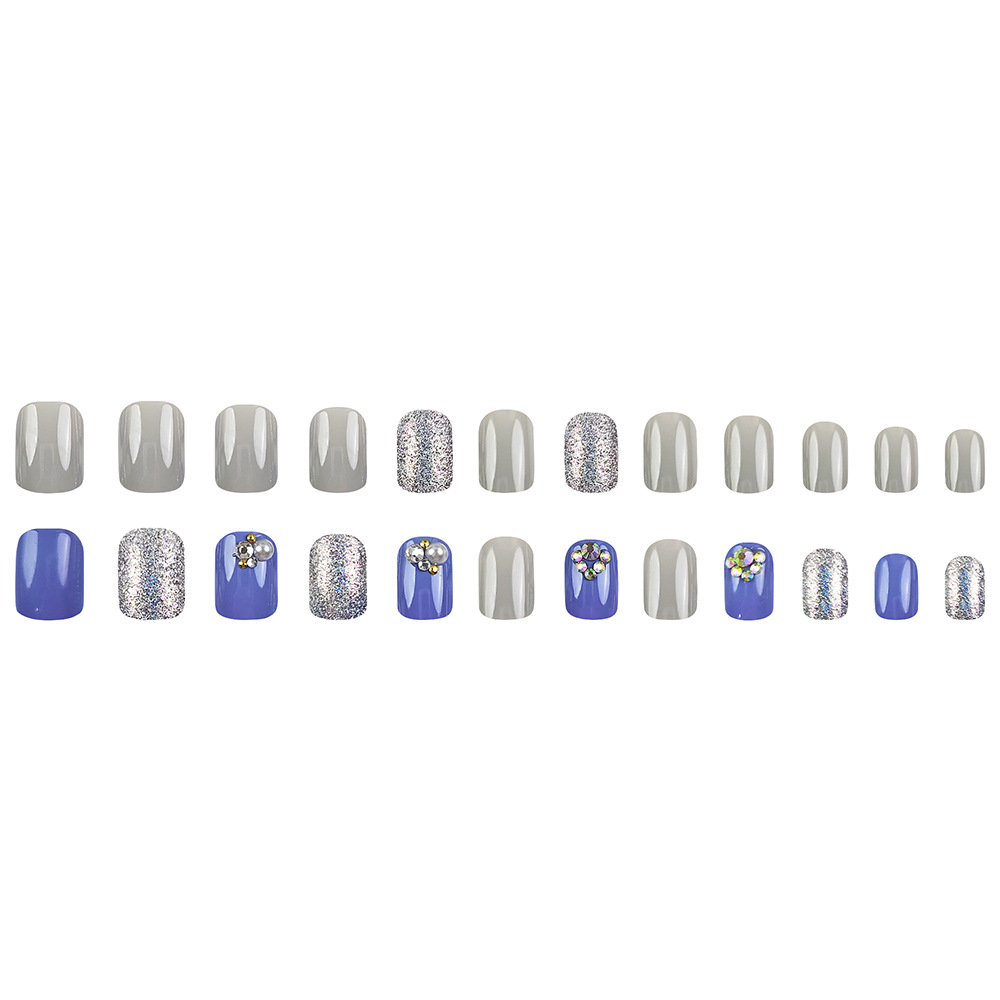 Azul gris plata brillante diamante ligero lujo manicure transfronterizo venta caliente temperamento simple desgaste de uñas 24 piezas de parche de uñas