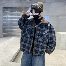 男童冬季韩版格子外套2025新款洋气时髦厚实夹克衫大童装加绒上衣