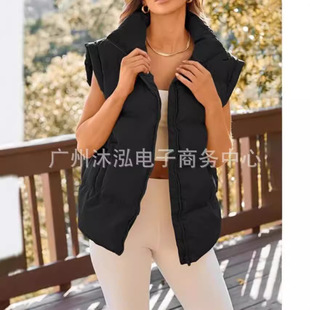 2024 Cross-border European and American New Women's Solid Color Zipper Pocket Cotton-padded Jacket Vest Fashion Collar Elegant Commuter Jacket