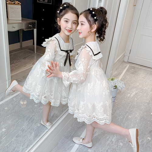 Korean Girls' Spring Dress 2024 Korean Version Children's Lace Embroidery Baby Long Sleeve Princess Dress European and American Children's Dress