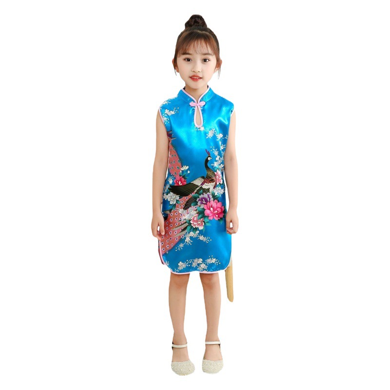 Classic Girls Red Cheongsam Kidsren's Peacock Children's Day Performance Clothing Chinese Style New Year Kidsren's Clothing Performance Clothing Spring and Summer